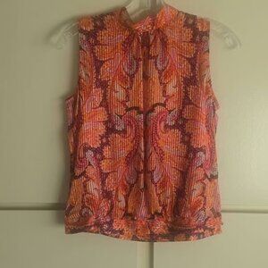 Talbots Orange/ Multicolor Slvls. Silk Paisley Blouse, Stand Collar, NWOT, 2P